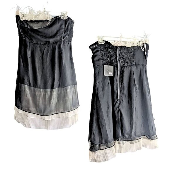 NWT RYU Black & White Feather Fringe Strapless Lace Roaring 20s Mini Dress Sz L - Picture 8 of 10